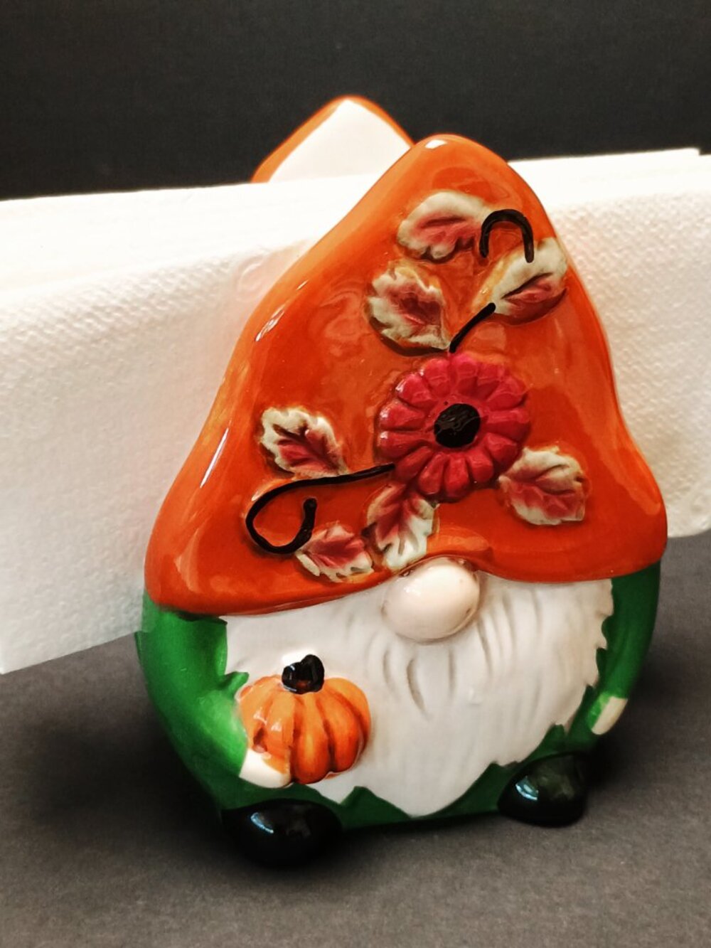 Harvest Gnome Napkin Holder, Ceramic, Fall Autumn Decor, Garden Gnome w/ Pumpkin